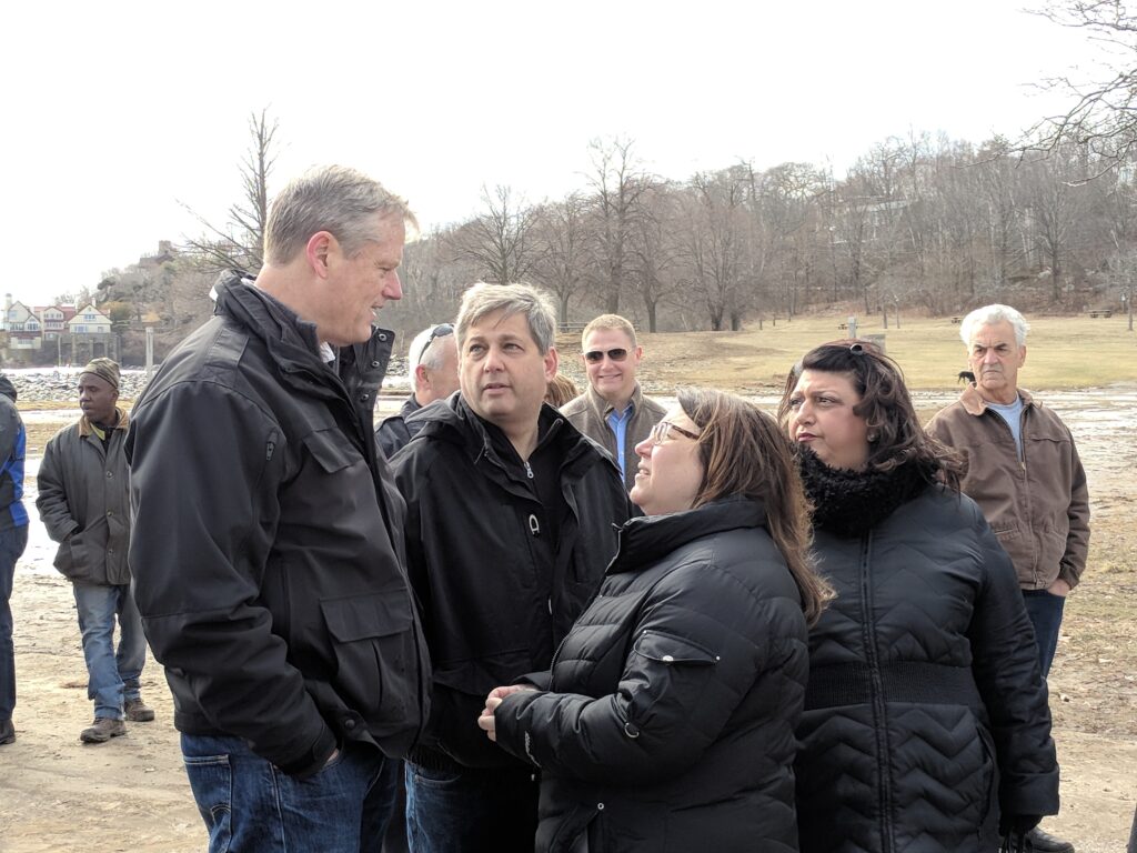 Representative Ferrante speaks to Governor Charlie Baker when he came to view the aftermath of intense storms in early 2018.